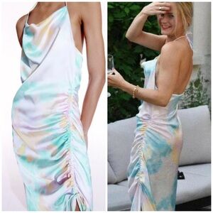 Zara Pastel Tie Dye Satin Halter Cowl Neck Ruched Slip Midi Dress Size XS